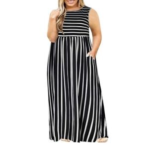 Nemidor Black White Striped Maxi Long Dress Pockets Short Sleeve US 16 XL‎